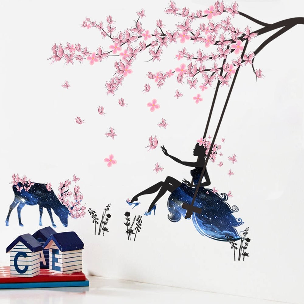 Stickers Muraux Fille Sur Une Balançoire pour Masquer Imperfections Murs Lisses