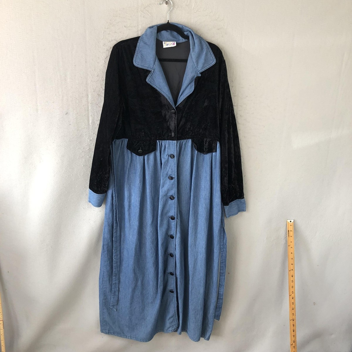 Vintage Monique Fashions Dress Women L Black Denim Velvet Western 90s Modest | eBay Vintage Monique Fashions Dress Women L Black Denim Velvet Western 90s Modest | eBay
