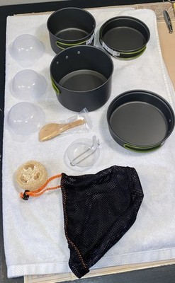 New In Bag Camping  Cookware Mess Kit Backpacking Cook Set with Pots, Pans, Etc