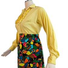 Vintage 1970s Blouse Top Shirt Tuxedo Ruffle Chest Yellow Long Tail Retro Disco