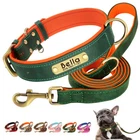 PU Leather Personalized Dog Collar Leash Soft Padded with Custom ID Nameplate