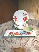 Embossed Red Flower Salad Plates Tray Bowl Garden Bouquet Home Studio 6 Pieces