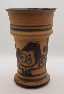 Studio Pottery Vase Tanware w/Oxide Stain Designs, Glazed Inside Signed 