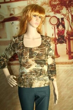 Women's Vintage Creative Design Works Printed Top 3/4 Sleeve Stretch Size M
