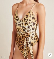 Mara Hoffman Gamela Leopard Print Brown Belted High Cut One Piece Swimsuit S NWT