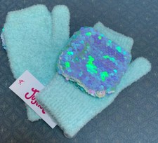 JUSTICE MERMAID AQUAMARINE SHIMMER GLOVES IRIDESCENT FLIP SEQUINS SUPER CUTE 