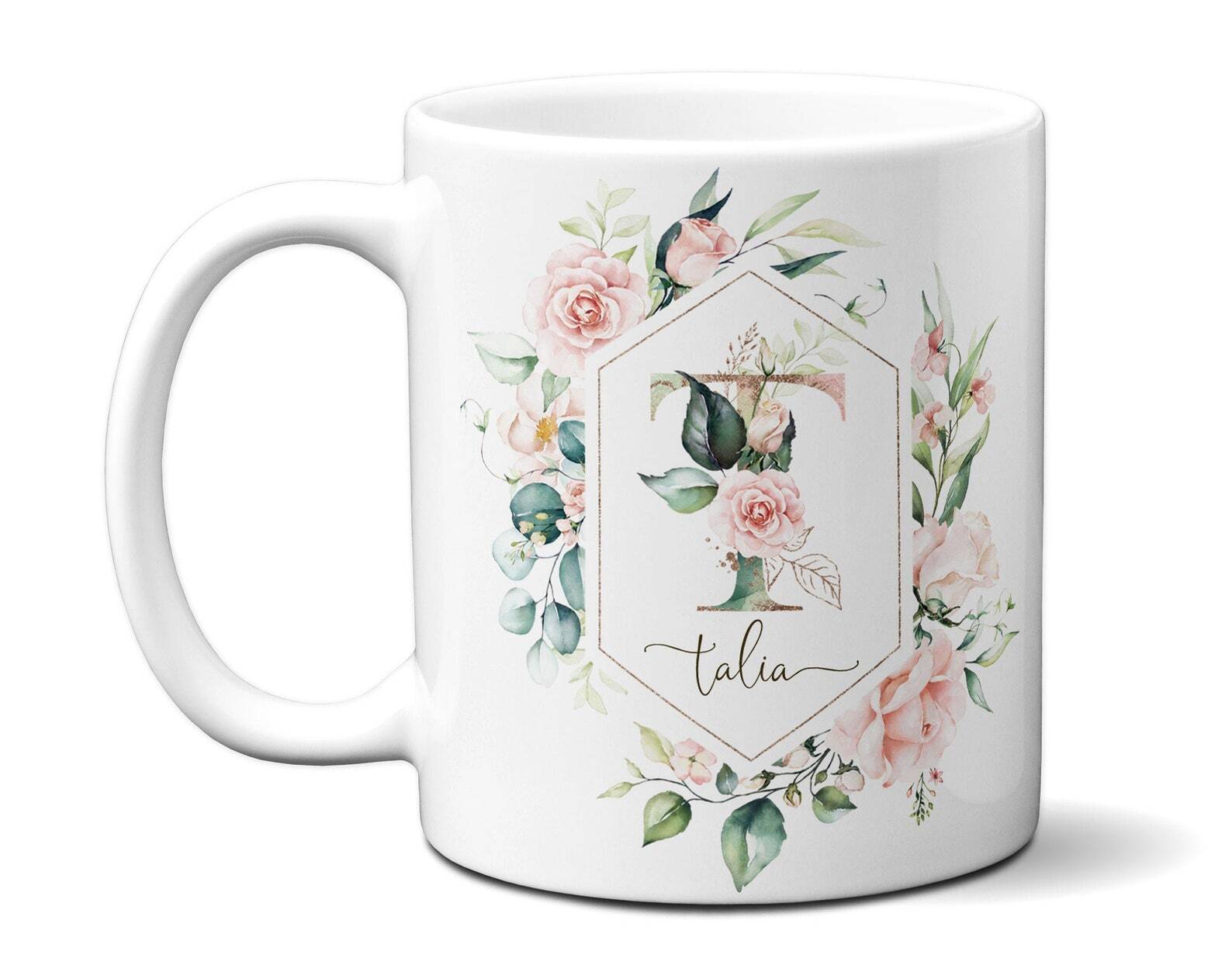 Personalized Name Initial With Rose Flowers Mug Gift For Bride Bridesmaid Weddin