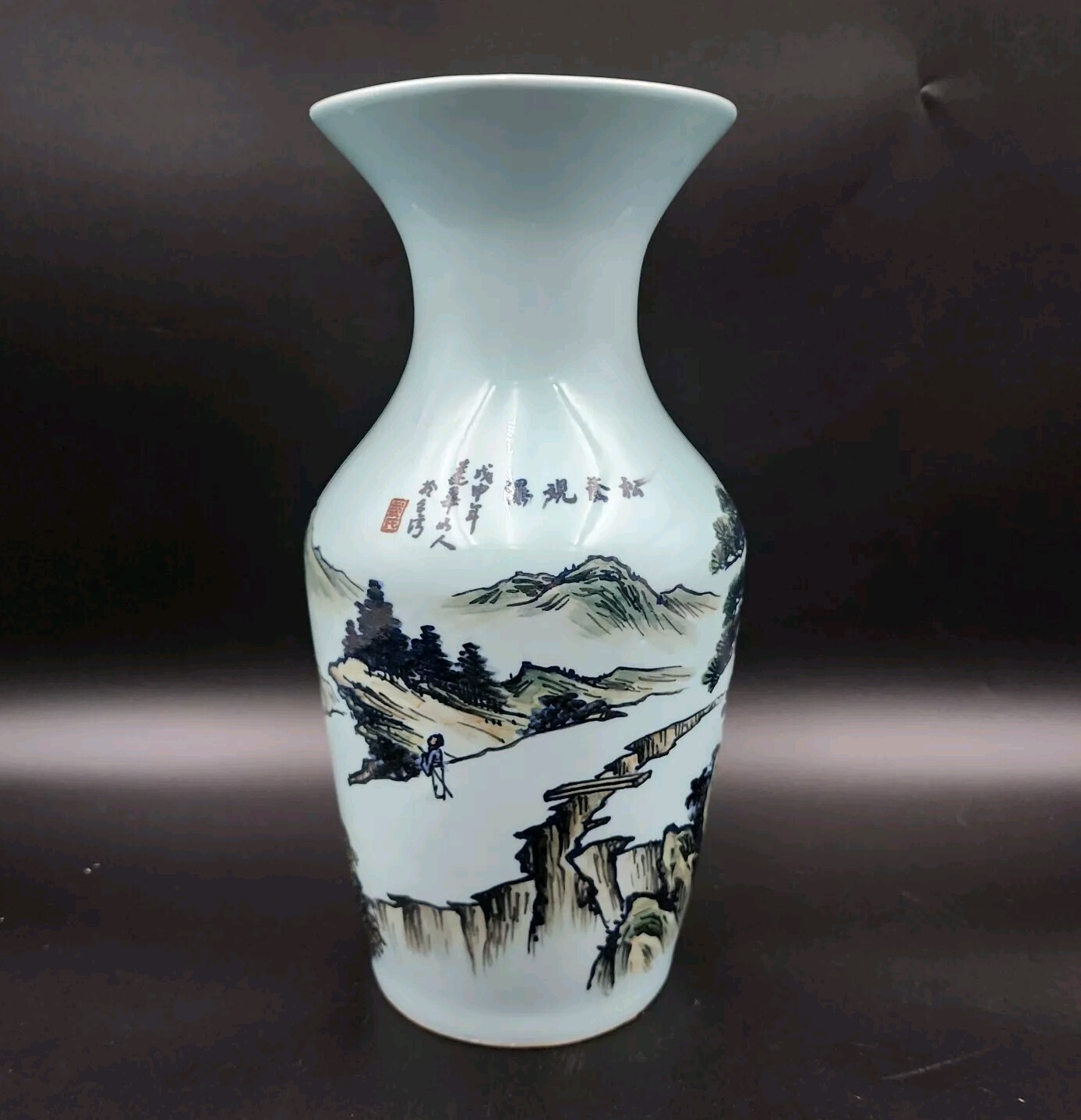 Porcelain Vase Republic Of China Period Hand Painted Light Blue Art Signed 14