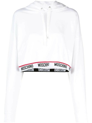 Moschino Damen weißes Logo Band zugeschnittener Hoodie Größe S UK 10