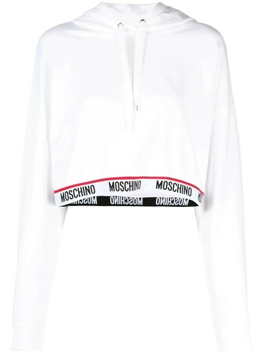 Moschino Womens White Logo Tape Cropped Hoodie Size S UK 10 - Picture 1 of 5