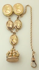 Antique CAM & Co Gold Filled Intaglio Pocket Watch Brooch Pin Chain Fob
