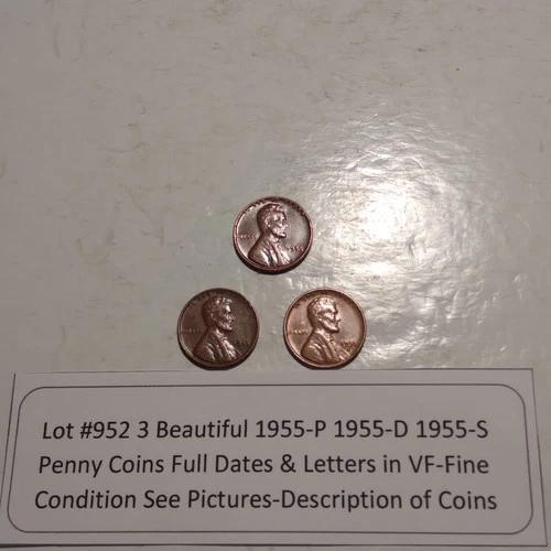 Lot #952 3 Beautiful Lincoln Wheats 1955-P 1955-D 1955-S Fine-VF See Pictures