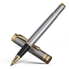 BEILUNER Ballpoint Pens, Stunning Silver Chrome Metal Pen with Golden Trim,