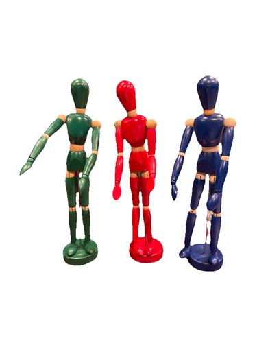 VTG Set 3 Artist Model Articulated Jointed Posable Wood Mannequins on Stand 13"