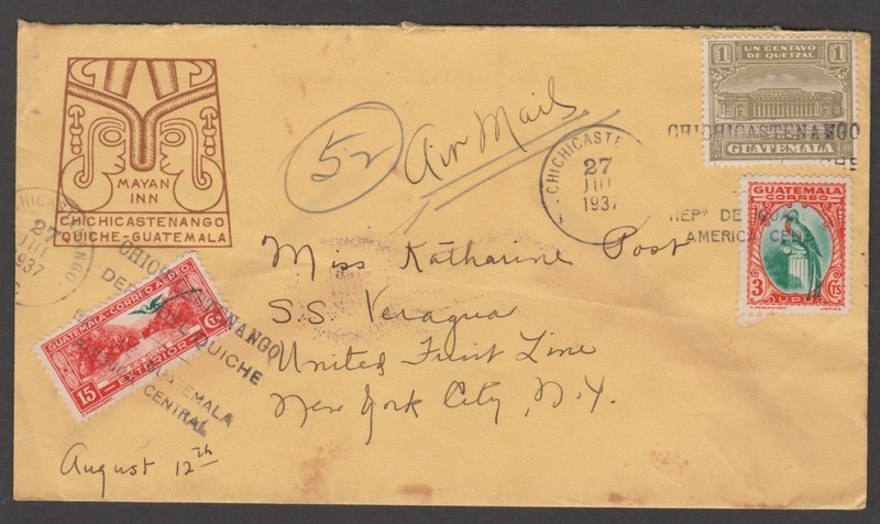 1937 GUATEMALA  TO USA - MAYAN INN, CHICHICASTENANGO QUICHE - AIR MAIL