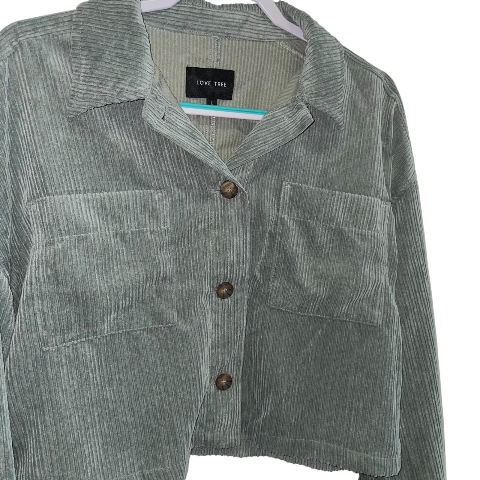Love Tree Corduroy Cropped Shirt Jacket Button Front Pockets Sage Green L