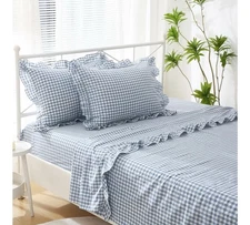 K MASANIJI sheets set plaid ruffles powder blue 4 Pcs 300 threads 100% cotton