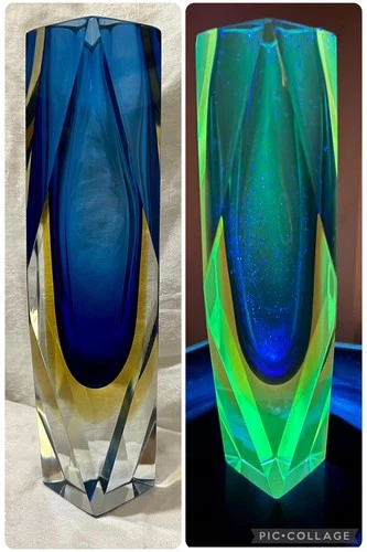 Vintage 10” Murano Mandruzzato Blue/Yellow Sommerso Faceted Glass Vase