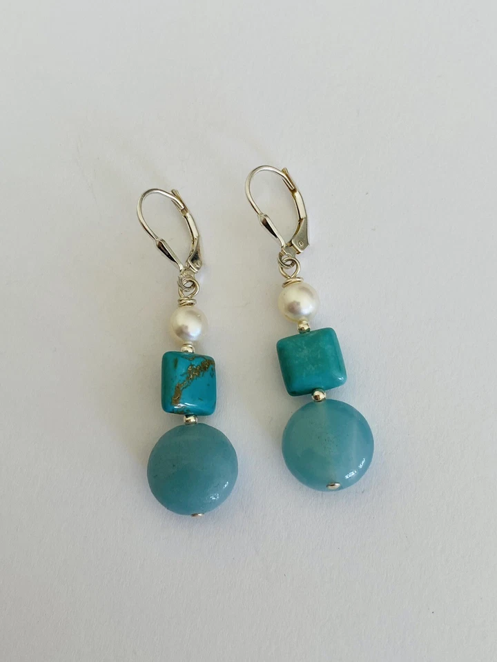 Sundance Sterling Silver Pearl Turquoise Aquamarine Bead Drop Dangle Earrings - Image 4 of 4