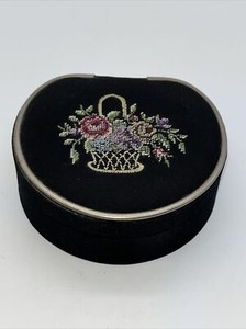 Vtg Petit Point Black Silk Trinket Box Hinged Lid Metal Trim Germany Floral