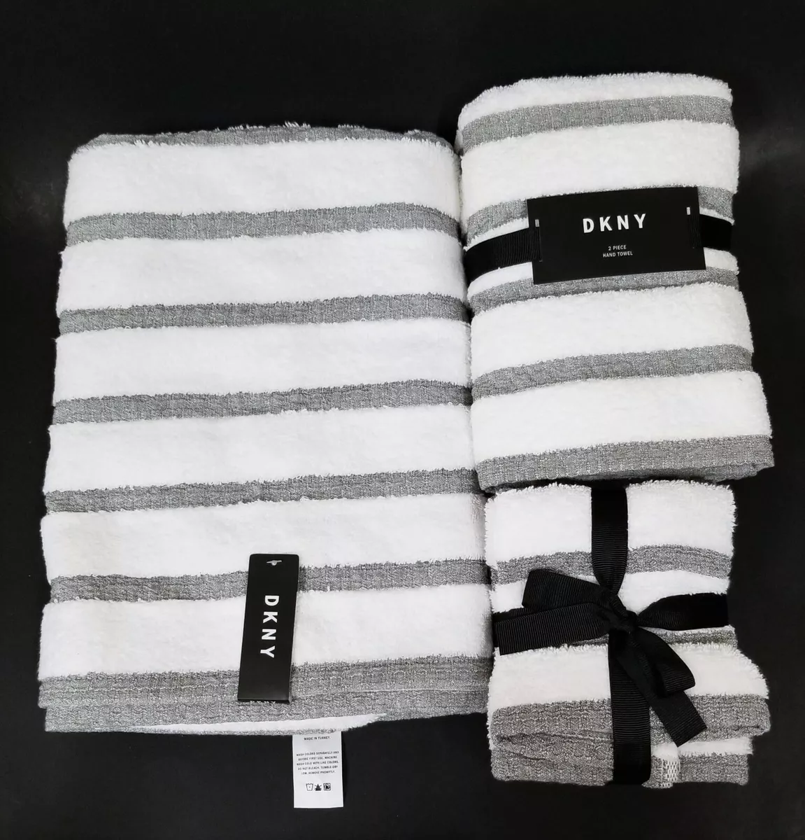 NEW DKNY GRAY,WHITE STRIPES 100% COTTON BATH TOWEL,2 HAND TOWELS,4  WASHCLOTHES