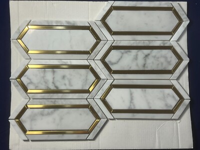 S18 Carrara White/Gold Marble Hexagon Mosaic Tile Kitchen Bathroom Polished