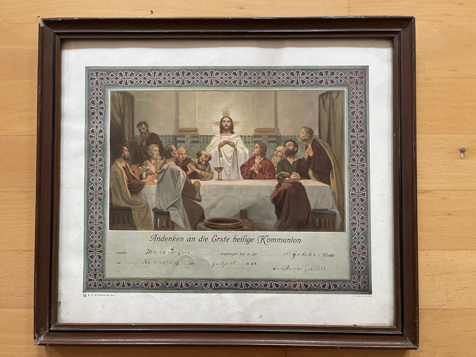 2x Antik Bilder Rahmen 1918 m. Andenken 1. Hl. Kommunion 40x35 braun alter Stich