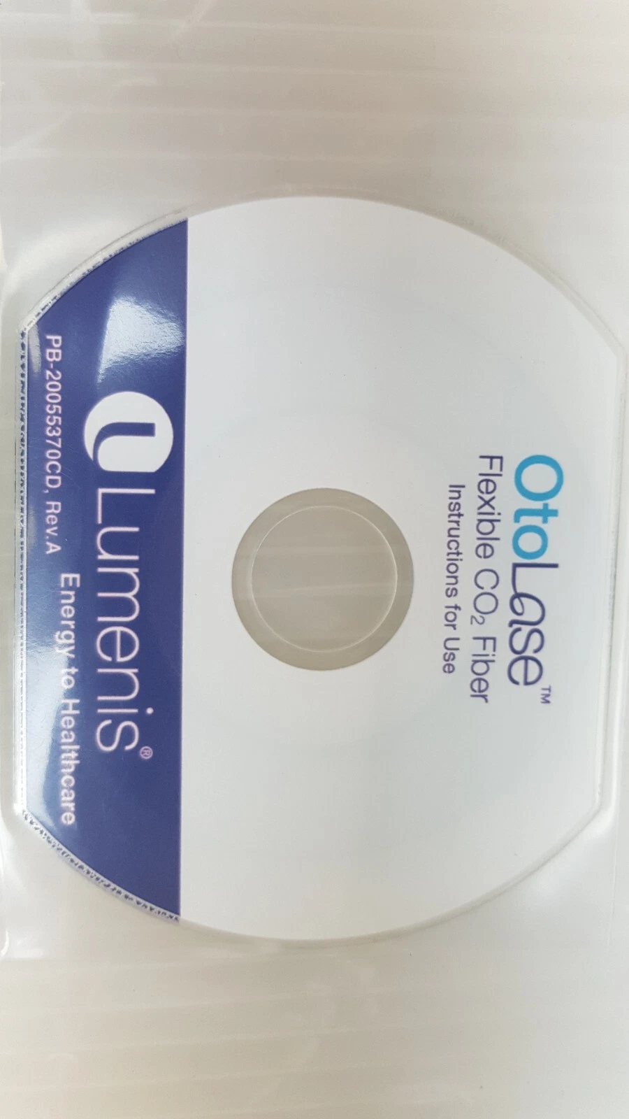 OtoLase Flexible CO2 Fiber instructions disc by Lumenis in its clear sleeve, side view