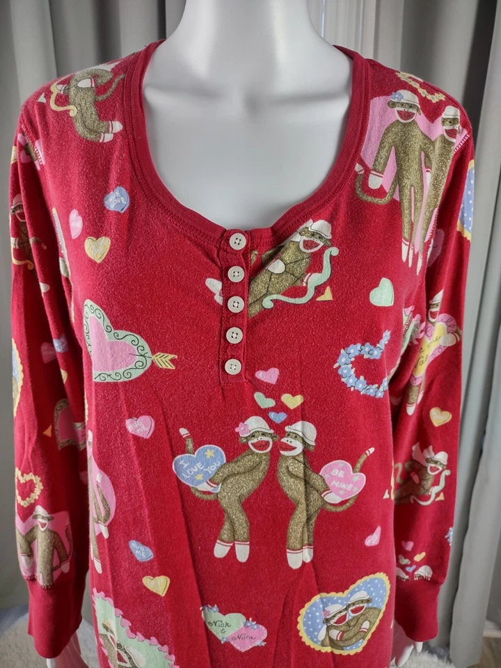 Nick & Nora Sock Monkey & Hearts Valentines 5 Button Nightgown Sleepwear Size XL - Image 3 of 4