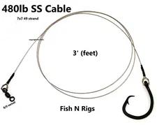 3' Castable Shark Fishing Leader Rig ~ Mustad 7/0 x 4X Circle Hook 480lb Cable
