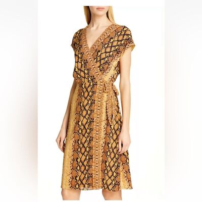 JOIE BETHWYN SNAKESKIN PRINT SHORT SLEEVE V-NECK WRAP DRESS in FADING SUN Sz S