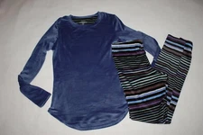 Womens BASE LAYER SET Stretch Velour BLUE L/S TOP Black Stripe Leggings S M L XL