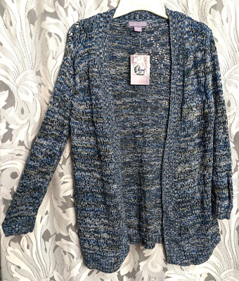 L LAURA SCOTT OPEN FRONT 100% COTTON KNIT CROCHET POINTELLE CARDIGAN SWEATER NEW
