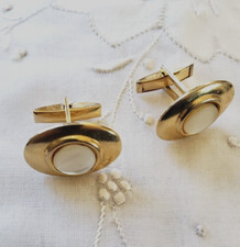 Pair Vtg Mother of Pearl Cufflinks Shirt Studs Silver Mark Gold Plate