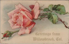 Willowbrook California Greetings Pink Rose Embossed 1912 postcard AP8
