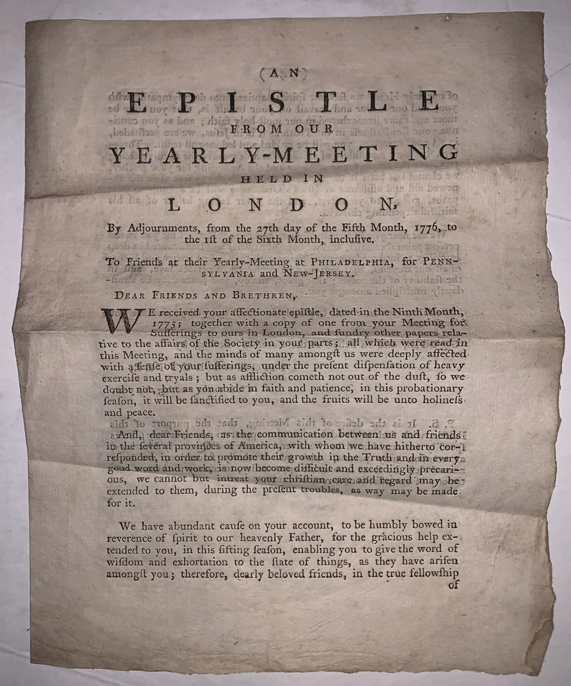 1776, QUAKER EPISTLE, YEARLY MEETING, LONDON, PENNSYLVANIA & NJ, THOMAS RUTTER - Image 2 of 4