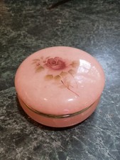 Vintage pink quartz powder jar with rose design