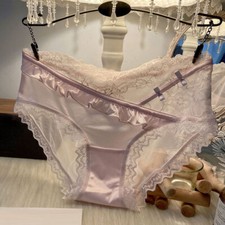 Womens Sweet Faux Satin Lace Panties Briefs Underpant Bow Sheer Knickers Comfort