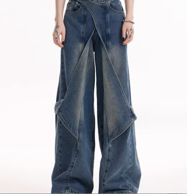 Mens Blue Black Buckle Wide Straight Leg Denim Jeans Hip Hop Punk Pants Trousers