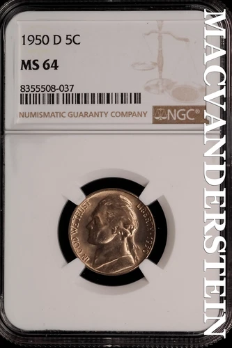 1950-D Jefferson Nickel - NGC MS 64 - Brilliant Unc  No Reserve  #SLi176
