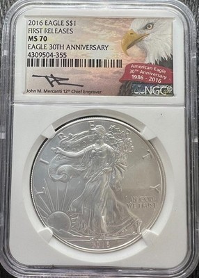 2016 Silver Eagle $1 Coin NGC MS-70 30th Anniversary John Mercanti
