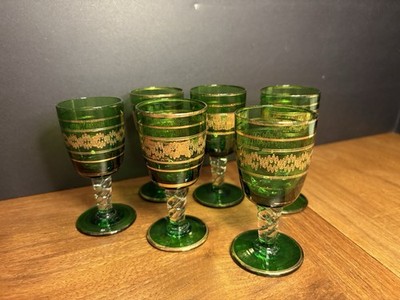 Set Of 6 Bohemian Green Glass With Gold Trim Liquor Shot Glasses