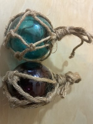 Glass Fishing Floats 3  Set of 2 Turquoise & Red Jute Net Buoys Nautical Decor
