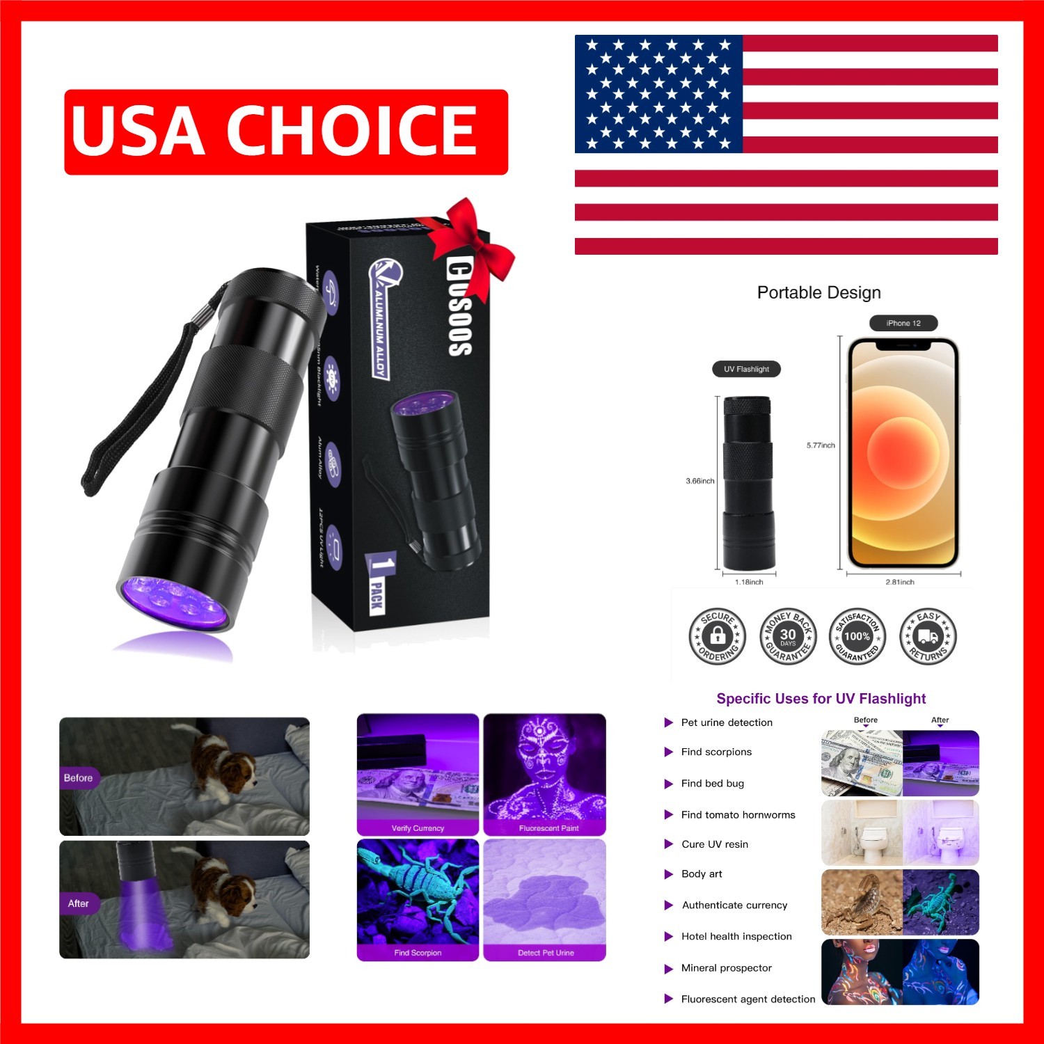 Black Light UV Flashlight, 12 LED Handheld Black Light, Small UV Lights 395nm...