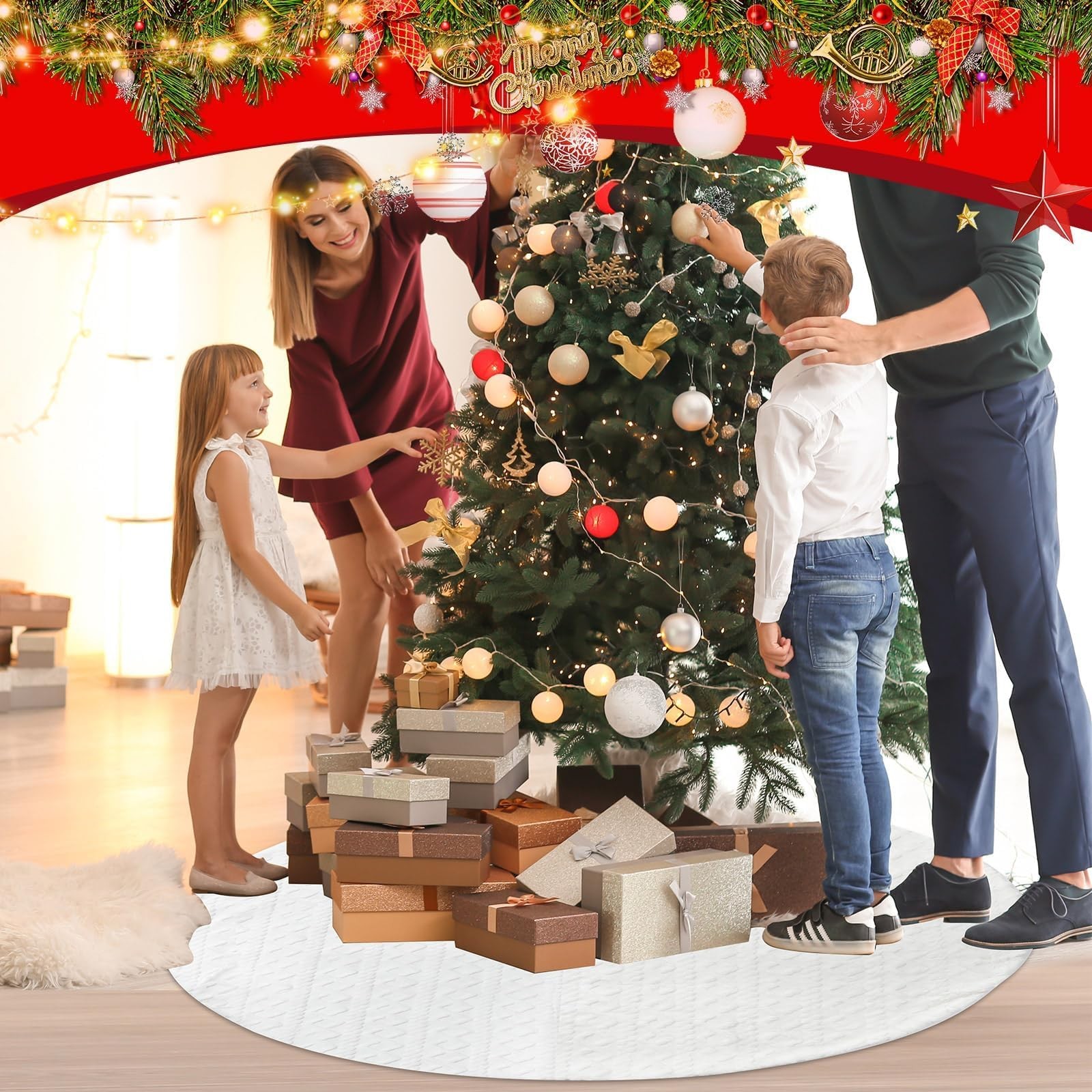 72 Inch Large Faux Fur Christmas Tree Skirt for 7.5ft to 12ft Tree Crossed Di...