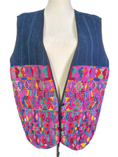 Vintage Unisex Guatemalan Hand Woven Colorful Embroidered Print Boho Hippie Vest