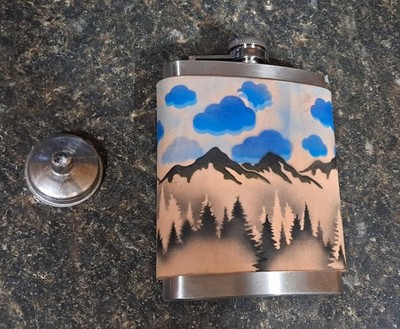 Custom Leather Airbrush Metal Flask Mountains 8oz 