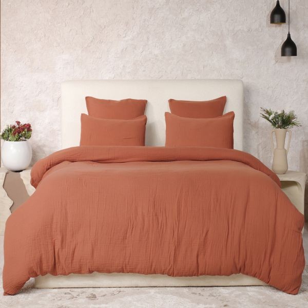Parure de lit 220x240 en gaze de coton lavé safran : fini le repassage fastidieux