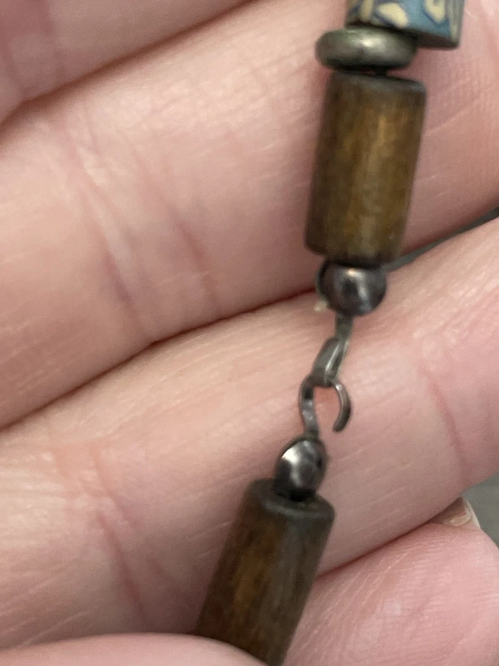 "Collar vintage boho de madera y arcilla con cuentas azul floral hecho a mano artesanal 18""" Foto 4 de 4