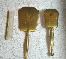 Vintage 1950s Gold Tone Hand Mirror Hair Brush Vanity Set Heart Floral Art Deco
